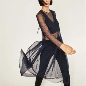 Zara Women Navy Blue Sheer Tunic Tulle Midi Dress NWOT Size M